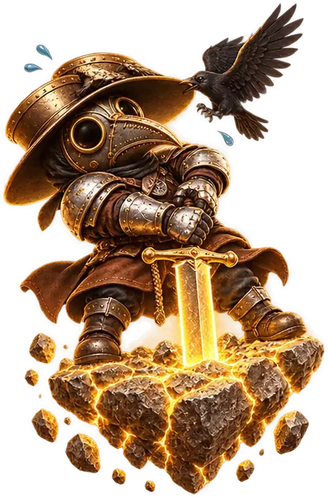 The little plague doctor straining to pull his sword out of a rock while a raven pecks his hat